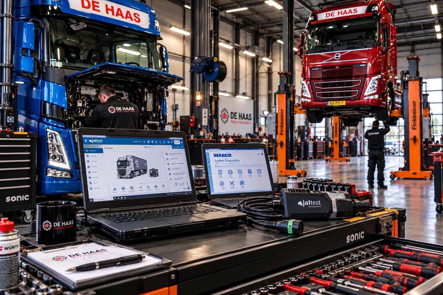 Professionele diagnoseapparatuur van De Haas Truck & Trailer Service, waaronder Jaltest en WABCO