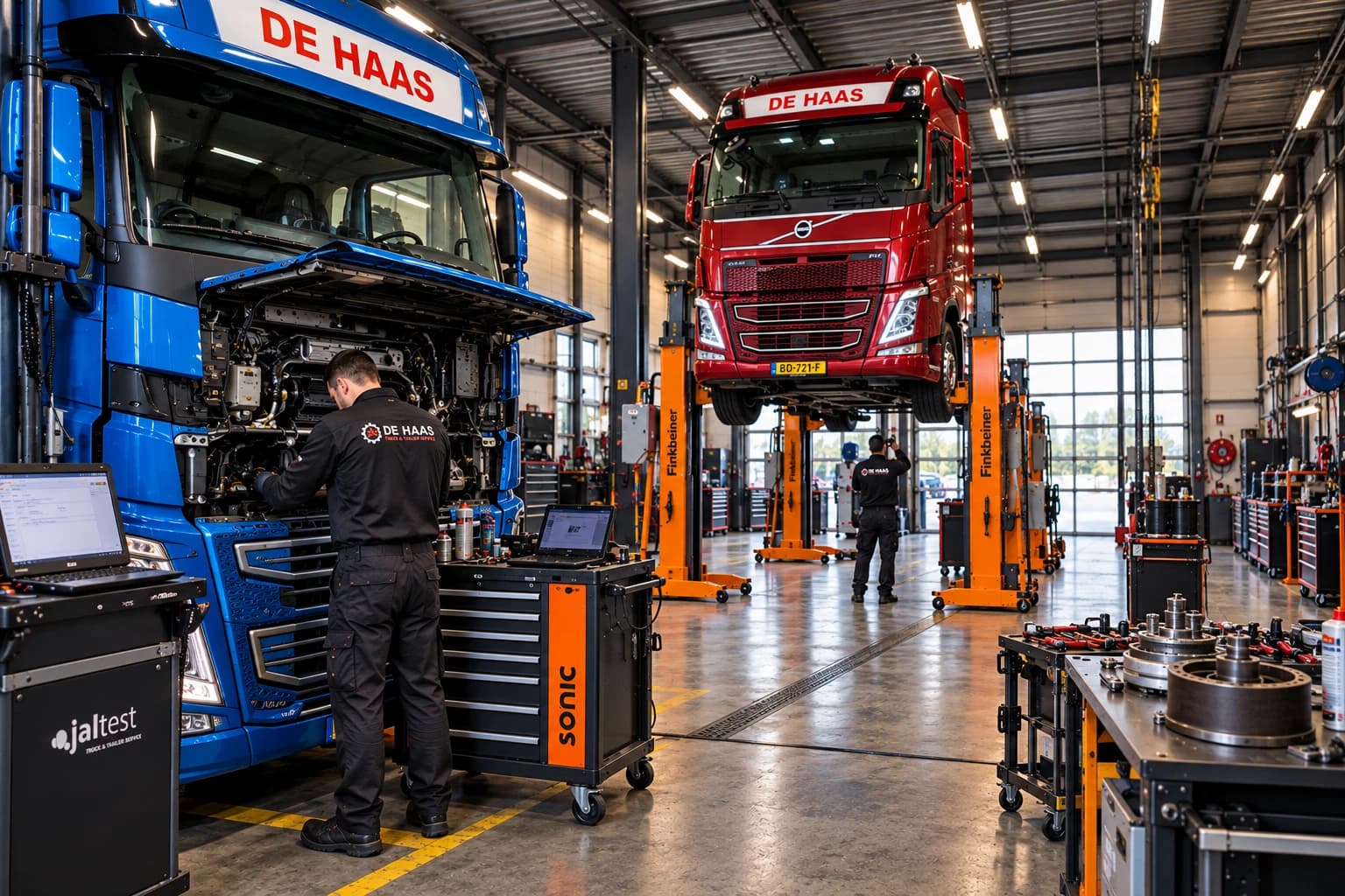 Monteur van De Haas Truck & Trailer Service aan het werk bij trucks op de lift in de werkplaats